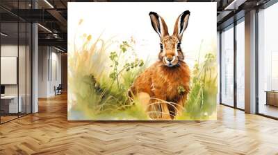 A painting illustration brown rabbit in a field of grass Wall mural