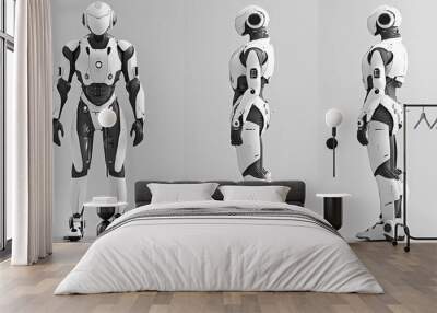 A white and black humanoid robot standing in three poses. Wall mural