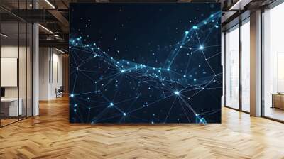 Abstract polygonal background from lines, dots and glowing particles with plexus effect. Artificial intelligence connectivity or technology concept. Digital vector mesh illustration in dark blue Wall mural