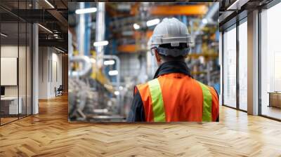 An industrial worker in a safety vest and helmet supervises the operations in a large, complex manufacturing plant Wall mural