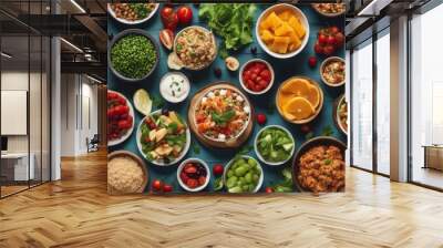 Assortment of healthy food dishes. Top view. Free space for your text Wall mural