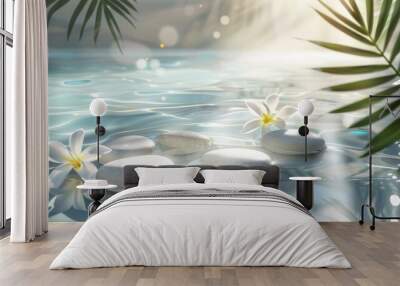 Beautiful spa background featuring white stones, lily flowers, and sun shadows on a transparent, clean white water surface Wall mural