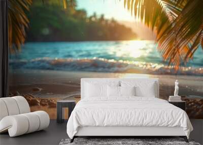 Beautiful wide panorama of a paradise beach with golden sand and palm leaves in blur Wall mural