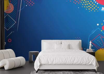 Blue background with colorful geometric shapes and lines, in the cartoon style. Wall mural