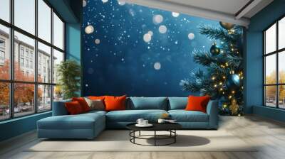 Christmas Tree With Ornament And Bokeh Lights In blue Background Wall mural