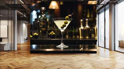 Classic martini cocktail with olives on a bar counter in a dark bar setting Wall mural