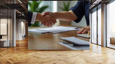 Estate agent and customer shaking hands after finished contract after about home insurance and investment loan Wall mural