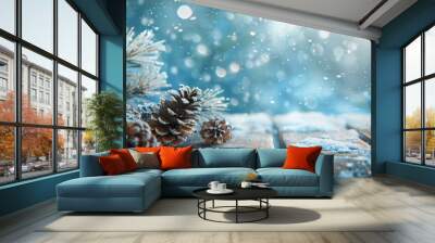 Fir Branches And Frosty Pinecones On Snowy Wooden Table With Wintry Blizzard Background Wall mural