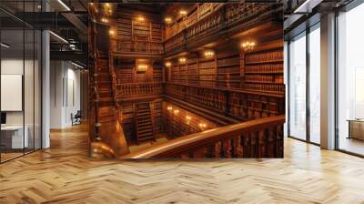 Grand law library with towering shelves filled with leather-bound legal books, warm lighting creating an atmosphere of knowledge and tradition, law study, classic law library Wall mural