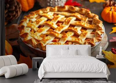 Homemade Pumpkin Pie With Autumn Leaves. Wall mural