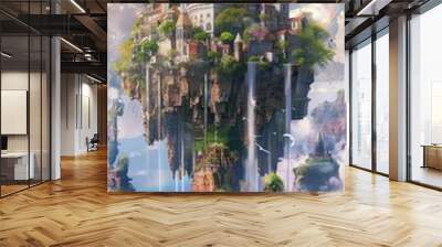 island with many buildings floating in the sky surrounded by birds and there are rainbows and waterfalls on the island Wall mural