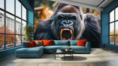 Large or big silverback black gorilla, angry powerful animal roaring in jungle wildlife nature. Strong beast screaming, aggri Wall mural