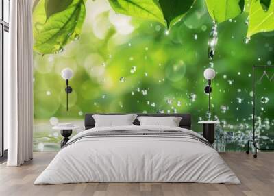 llustration of water drops splash on surface with green nature leaf leaves background. Liquid droplet, wet pure transparent Wall mural