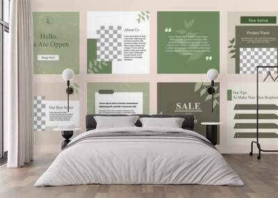 Minimal modern fashion and beauty social media post banner collection kit in green color. Including sale, photo isolated product display, tips template layout design with botanical leaf elements. Wall mural