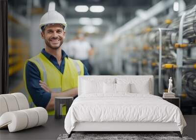 Portrait of a happy european factory worker wearing hard hat and work clothes Wall mural