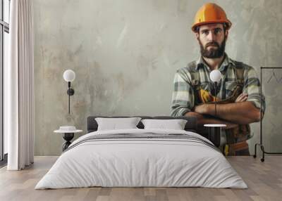 Portrait of construction worker with hard hat and tool belt on light background, with copy space Wall mural