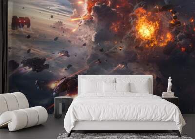 robots fight with monsters in destroyed space, background explosions due to battle, realistic effects  Wall mural