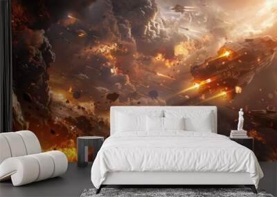 Robots fight with monsters in destroyed space, background explosions due to battle, realistic effects HD images Wall mural