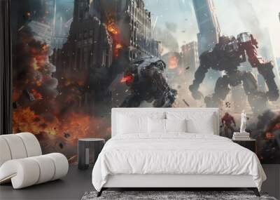 Robots fight with monsters in destroyed space, background explosions due to battle, realistic effects HD images Wall mural