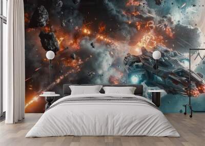 Robots fight with monsters in destroyed space, background explosions due to battle, realistic effects HD images Wall mural