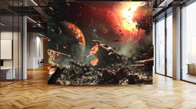 Robots fight with monsters in destroyed space, background explosions due to battle, realistic effects HD images Wall mural