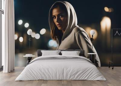 Side view of a woman in hoodie running at night. Middle east female jogger exercising outdoors Wall mural