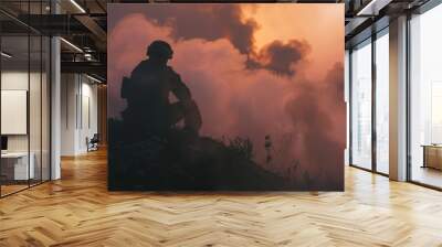 Silhouetted soldier seated on a rock amidst smoke and debris, representing the solitude and severity of combat-related PTSD Wall mural