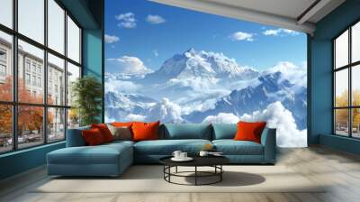 Snow-capped peaks with bright blue skies and white clouds. Wall mural