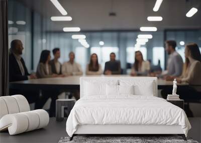 Soft of blurred people meeting at table. Abstract blurred office interior space background Wall mural