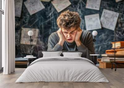 The angry young male student feels helpless as he prepares for his exams. It is impossible for him to understand complicated education concepts. Wall mural