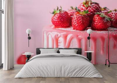 This delectable image features a strawberry cake with dripping pink icing, with copy space Wall mural