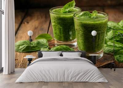 Two glasses of green smoothie with fresh basil leaves on a wooden table. Wall mural