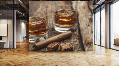 Two glasses of whiskey and a cigar on a wooden table. Concept Whiskey, Cigar, Wooden Table, with copy space Wall mural