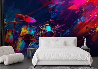 Vibrant drum kit on abstract musicthemed background for World Music Day. Concept World Music Day, Drum Kit, Vibrant Colors Wall mural