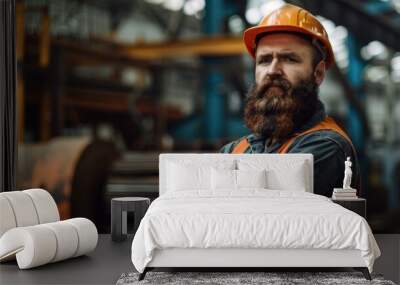 Waist up portrait of bearded factory worker wearing hardhat looking at camera while standing in workshop Wall mural