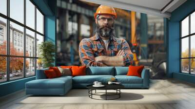 Waist up portrait of bearded factory worker wearing hardhat looking at camera while standing in workshop Wall mural