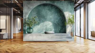 White empty concrete textured wall and podium stage background, green glass vase with plants, neutral sustainable natural brand product showcase template, mock up with copy space Wall mural