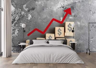 Wooden blocks with dollar signs and an upward red arrow on a textured background symbolizing financial growth and success Wall mural