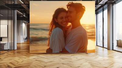 Young couple in love, man and woman together on sea sand beach, hugging and smiling at sunset, portrait. Girlfriend boyfriend Wall mural