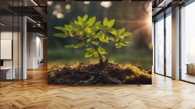 Young rowan tree seedling grow from old stump Wall mural