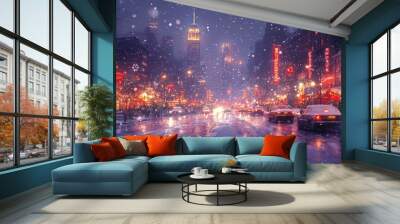 A snowy evening in a bustling city with cars driving down a street lined with glowing buildings and Christmas lights. Wall mural