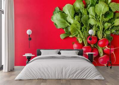 Fresh Red Radishes with Green Tops on a Red Background Wall mural