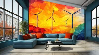 Abstract landscape with wind turbines in a rainbow sky. Wall mural