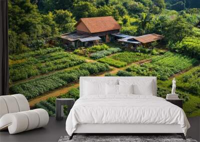 Aerial view of a lush green farm with a rustic wooden house and rows of crops. Wall mural