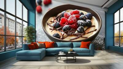 Delicious Dessert with Raspberries, Blueberries, Chocolate and Cream Wall mural