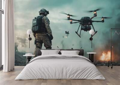 Soldier with Drone in Battlefield Wall mural