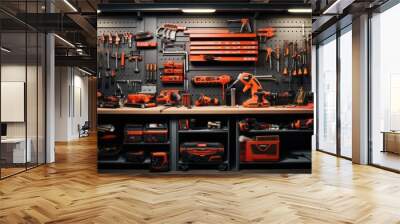 Toolboxes and toolkits on a tool shop shelf Wall mural