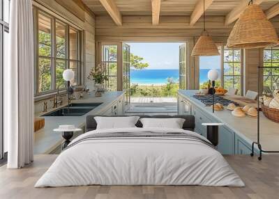 Bright kitchen with ocean view and natural decor. Wall mural