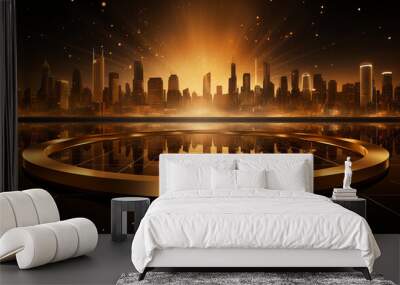 golden podium and city in the background. futuristic luxury illustration Wall mural