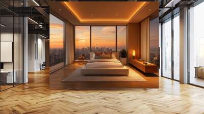 Luxury Bedroom with Stunning City Skyline View Wall mural